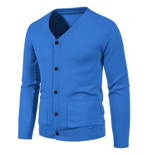 Suéteres transpirables personalizados para hombre, de invierno, con frente abierto, manga larga, tejidos, casuales, de color azul liso, con bolsillos. - Product Image 1