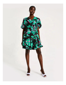 Charm Energetic <b>Black</b> Midi Chiffon 100% Cotton Short Sleeves Color Print <b>Wrap</b> Dress Loose Fit V-neck All-over Floral Print Tie - Product Image 6