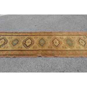 Turkish Vintage <b>Runner</b> Rug 3x9.4 ft, Brown <b>Green</b> Patchwork Wool Rug - Product Image 2