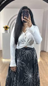 Conjunto de falda forrada estampada hasta el suelo y Top corto de manga larga blanco elegante para mujer, ropa informal de fiesta a la moda - Product Image 2