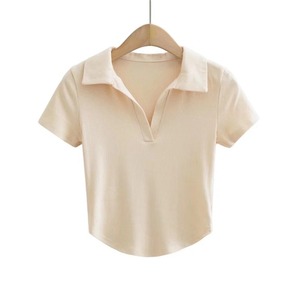 T-shirt d'été mince pour femme à col polo Tops courts en jersey de coton basique avec manches courtes Fit & Tight Fit Design - Product Image 2