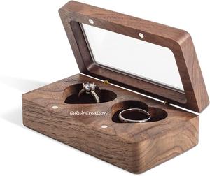 Porte-anneau à double cœur en bois poli pour mariage et fiançailles Boîte à bagues de décoration élégante - Product Image 4