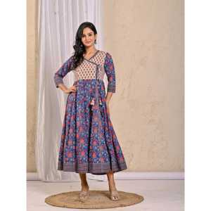 Blue Jaal Jaipuri <b>Chikankari</b> Embroidered Long Angrakha Dress Soft Cotton Indian Ethnic Party Wear with Net Fabric - Product Image 4