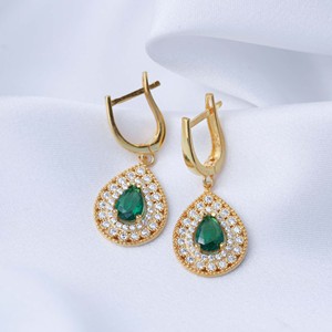 Pear Shape Dangle <b>Earrings</b> <b>Emerald</b> CZ Stone Handcrafted Wholesale Turkish 925 Sterling Silver Jewelry - Product Image 3