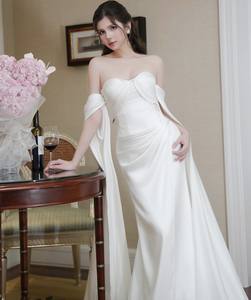 Elegant Strapless <b>White</b> Evening Gown with <b>Draped</b> Cape Timeless Glamour Made in Vietnam - Product Image 1