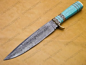 Herramienta de corte multiusos para exteriores de acero de Damasco hecha a mano OEM con mango compuesto azul turquesa, espaciadores de acero y cuero genuino - Product Image 4