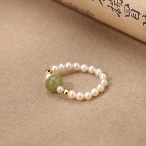 Anneau de serviette ouvert en perles d'eau douce naturelles cultivées à la main et en <span class=keywords><strong>pierre</strong></span> de jade verte pour femmes et filles, cadeau de bijoux bohème chic - Product Image 3