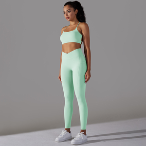Traje de Yoga con espalda entrecruzada de patrón sólido para mujer, Conjunto de sujetador de dos piezas con costuras en forma de V para deportes con tiras para gimnasio y glúteos - Product Image 5