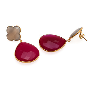 Pendientes de plata de ley 925 con forma de pera y trébol, piedra preciosa, calcedonia, color fucsia, gris, novedad - Product Image 2