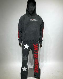 Venta al por mayor de ropa de calle personalizada de los hombres Flare Sweatsuit French Terry Raw Hem con capucha de peso pesado de los hombres acampanados pantalones de chándal y sudaderas con capucha conjuntos - Product Image 6