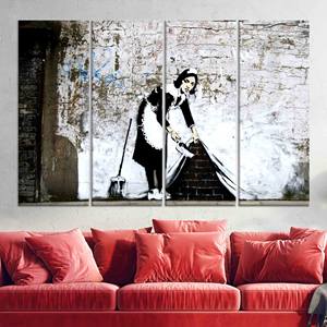 Impression sur toile Banksy Graffiti Woman : Art mural moderne, lot de 4 toiles - Product Image 1