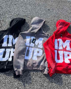 Fabricante personalizado Chándales de peso pesado Grueso desgastado Vintage Bordado Parche Hombres Lavado ácido Zip up Rhinestone Sudadera con capucha - Product Image 4