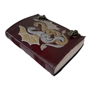 Journal d'art en cuir véritable avec double dragon gaufré à la main Livre des ombres 200 pages Meilleur cadeau pour hommes femmes planificateur