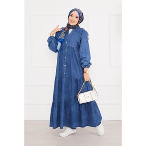 Robe en jean Hijab plissé bleu à moitié boutonné pour femme - Product Image 4
