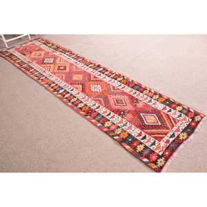 Vintage <b>Runner</b> Rug, 2.7x10.9 ft Turkish Rug, <b>Red</b> Herki Wool Rug - Product Image 3