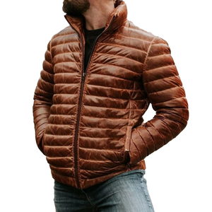 Chaqueta de Cuero Personalizada para Hombre, Estilo Urbano, Larga, Acolchada, Marrón, Piel de Oveja Genuina, Abrigo Informal Delgado y Cálido para Invierno con Cuello Alto - Product Image 2