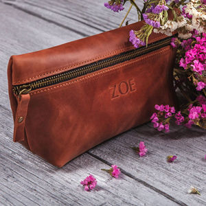 Pochette à maquillage vintage en cuir, faite à la main, étui à cosmétiques, sac à cosmétiques de haute qualité, imperméable, avec poignée, fermeture éclair, LCB-0066 - Product Image 1