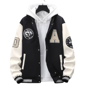 Sudadera con capucha de béisbol universitario en blanco y negro, chaqueta acolchada Varsity, manga de contraste de dos tonos Unisex, cremallera frontal, ajuste cómodo, Invierno - Product Image 1