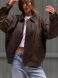 2025 chaqueta de cuero marrón de gran tamaño 90s mujer cuero genuino bombardero chaqueta de gran tamaño chaqueta de cuero de mujer PU - Product Image 2