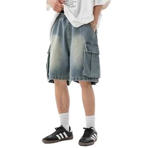 กางเกงขาสั้นผ้ายีนส์สำหรับผู้ชายกางเกงขาสั้นกางเกงยีนส์ทรงตรงเอวปานกลางฟอกสีแฟชั่นสตรีท - Product Image 2