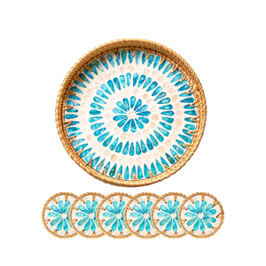 Juego artesanal de bandeja de servir de ratán con posavasos con incrustaciones de nácar, juego de mesa de centro, venta al por mayor desde Vietnam - Product Image 1