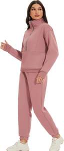 Survêtement en molleton de toile 2 pièces pour femmes Sweat à capuche long à demi-fermeture éclair et pantalon de jogging avec décoration de bouton Haut et bas vierges - Product Image 3