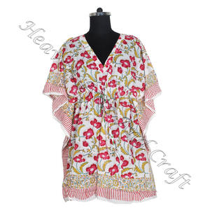 100% coton femmes vêtements de nuit main bloc imprimé caftan robe KFCS061 poids léger femmes décontracté Occasion porter courte Caftan robe - Product Image 3