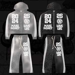 Survêtements en strass pour hommes VOTRE NOM DE MARQUE Survêtement évasé unisexe Broderie à capuche et pantalons ensembles délavés à l'acide - Product Image 4
