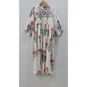 Vestido largo informal de verano hecho a mano con estampado de bloques de algodón para mujer, vestido Midi floral con estampado floral bohemio - Product Image 1