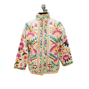 Sujani Khadi Cotton <b>Jacket</b> Double-Breasted Satin Outerwear Fringed <b>Sequins</b> Patchwork Decorations Custom Linen for Spring Fall - Product Image 1