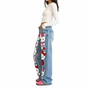 Jeans en denim décontractés pour femmes, style streetwear Y2K, respirants, imprimés de dessins animés, coupe ample, jambes larges, pantalons tendance, fabricant OEM - Product Image 2