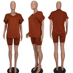 Street Style Shirt Terry Cotton <b>Short</b> Sleeve Crew Neck T Shirt <b>Shorts</b> Set Summer Two Pcs <b>Suit</b> <b>for</b> Ladies - Product Image 2