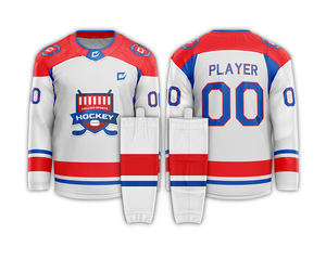 Jersey de hockey sobre hielo juvenil al por mayor, MOQ bajo, Diseña tu propio uniforme de hockey sobre hielo hecho a medida con pantalones de concha - Product Image 1