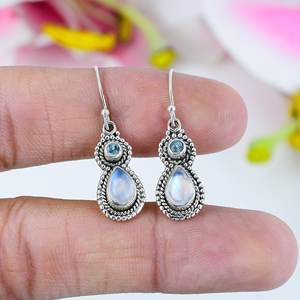 ต่างหูหยดน้ำมูนสโตนสีรุ้งในสไตล์วินเทจทำจากเงินสเตอร์ลิงเครื่องประดับอัญมณีทำด้วยมือสำหรับผู้หญิง - Product Image 2