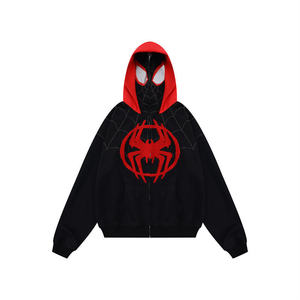 Custom Oversized Heavyweight Zipper Coat <b>Spiderman</b> <b>Towel</b> Embroidered Zipper Hoodie Full Face Zip up Double Hood Hoodies for Men - Product Image 1