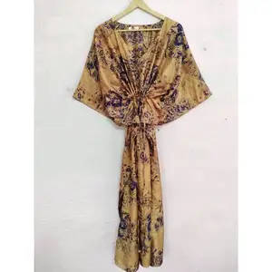 Handmade Vintage Silk Saree Caftan Recycled Silk Night Sleepwear Maxi Dress Printed Beach Wear Gown Holiday Leisure Gifts Kaftan