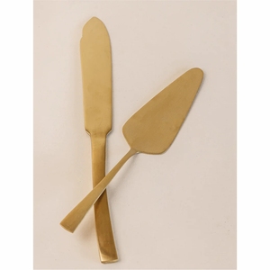 Ensemble de serveurs à gâteau de luxe moderne en or, couteau et serveur à gâteau de mariage en acier inoxydable - Spatule à dessert en laiton brossé pour les événements - Product Image 1