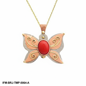Collier pendentif papillon en trois métaux avec cabochon en corail rouge, métaux mixtes cuivre, laiton et argent, bijoux bohèmes, cadeau unique pour elle - Product Image 2