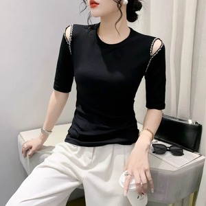 Camiseta ajustada de media manga de buena calidad para mujer, camiseta ajustada Sexy con diamantes, cuello redondo de algodón elástico de estilo femenino - Product Image 3