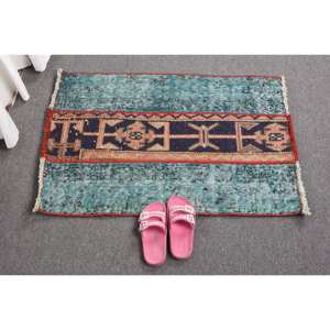 Tapis en laine turque bleu et rouge vintage 1.9x2.9 pieds tissage plat Patchwork Design pour les décorations de salon - Product Image 5