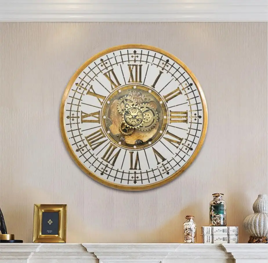 Luxury Home Art Deco MDF With Mirror Print Oversized Luxury Antique Gold Gear Wall Clock