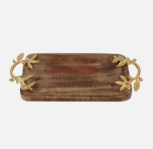 Plateau de service en bois fantaisie plateau de Table basse plateau en bois de manguier de haute qualité avec poignée en métal collations biscuits plateau de serveur - Product Image 4
