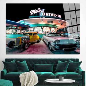 Impresión en Lienzo de Mel's Drive-In: Arte Retro de los Años 50 con Diseño de Diner y Autos Clásicos, Arte en Vidrio Templado - Product Image 1