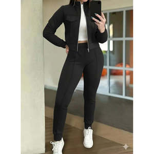 Ensemble deux pièces pour femme, veste courte en modal à fermeture éclair sur le devant et pantalon, 29864 - Noir - Product Image 1