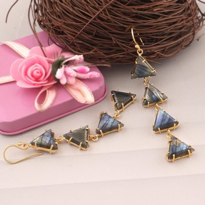 Pendientes Largos de Labradorita Natural con Triple Gema, Engaste de Garra Chapado en Oro de 18k, Joyería de Moda, Pendientes Geométricos - Product Image 2