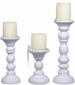 Wooden Pillar <b>Candle</b> Holders | Willow Design <b>Set</b> of 3 Mango Wood Candlesticks Matte White Sizes 6" & 9" & 12" Table - Product Image 1
