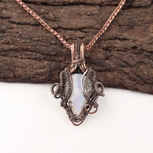 Elegant Pear Cut Rainbow Moonstone Copper Wire <b>Wrapped</b> Pendant White Stone Silver Plated <b>Bridal</b> Wedding Engagement Party Wear - Product Image 1