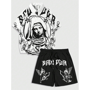 Conjunto de camisa y pantalones cortos informales de manga corta con logotipo personalizado ligero de verano para hombre gótico - Product Image 1