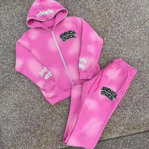 Top Fashion unisexe soleil délavé couverture complète du visage fermeture éclair bouffée imprimé à capuche Flare bas pantalon coton Vintage survêtements - Product Image 5