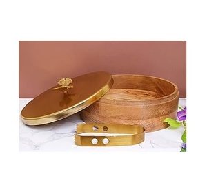 High Demand Natural <b>Wood</b> Chapati <b>Box</b> with Brass <b>Lid</b> Highly Polished for Food Use at Parties and Dinner Tables - Product Image 1